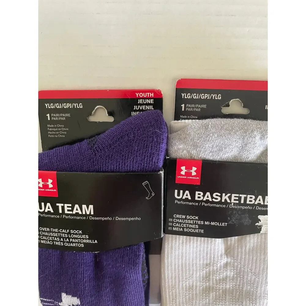 2 PAIR KIDS UNDER ARMOUR UA TEAM RED ATHLETIC CREW SOCKS SIZE YOUTH LG NEW